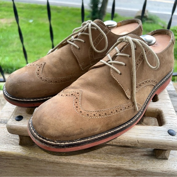 EUC Johnston & Murphy Men's Tan Sheepskin Suede Wingtip Oxford Sz 12M 20-3260 - Picture 2 of 13